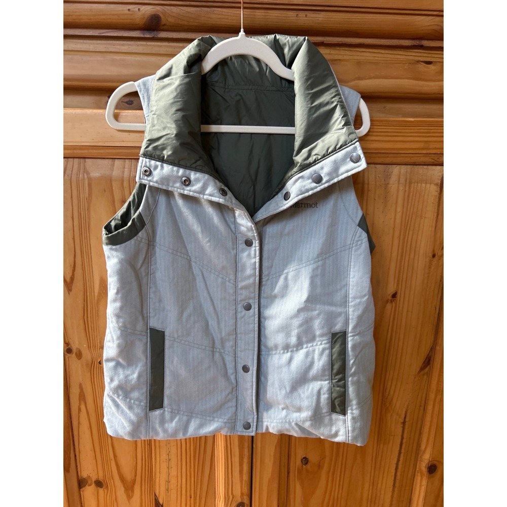 Marmot Reversible Puffer Vest Womens Large Grey Herringbone Olive Green Snap Up